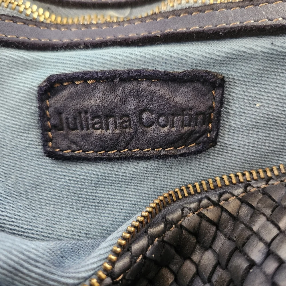 Juliana Cortini Black Leather Weaved Tote With Detachable Shoulder Strap‎